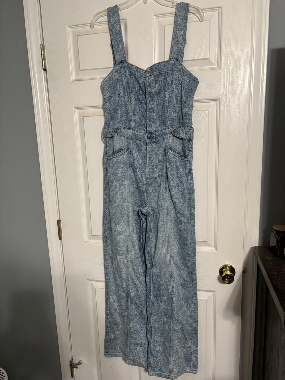 We The Free Light Blue Paisley Denim Jumpsuit